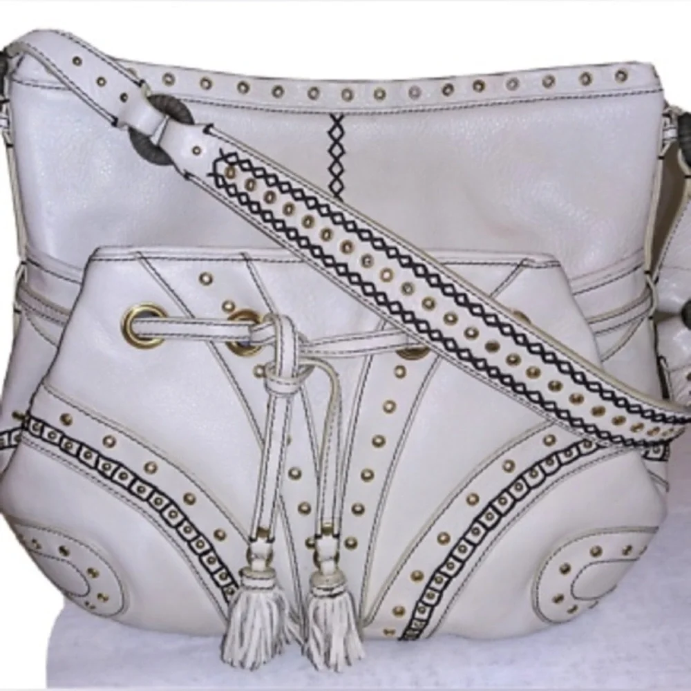 Cole Haan Village Grommet Off White Leather Studded Hobo Shoulder Bag - Picture 2 of 8